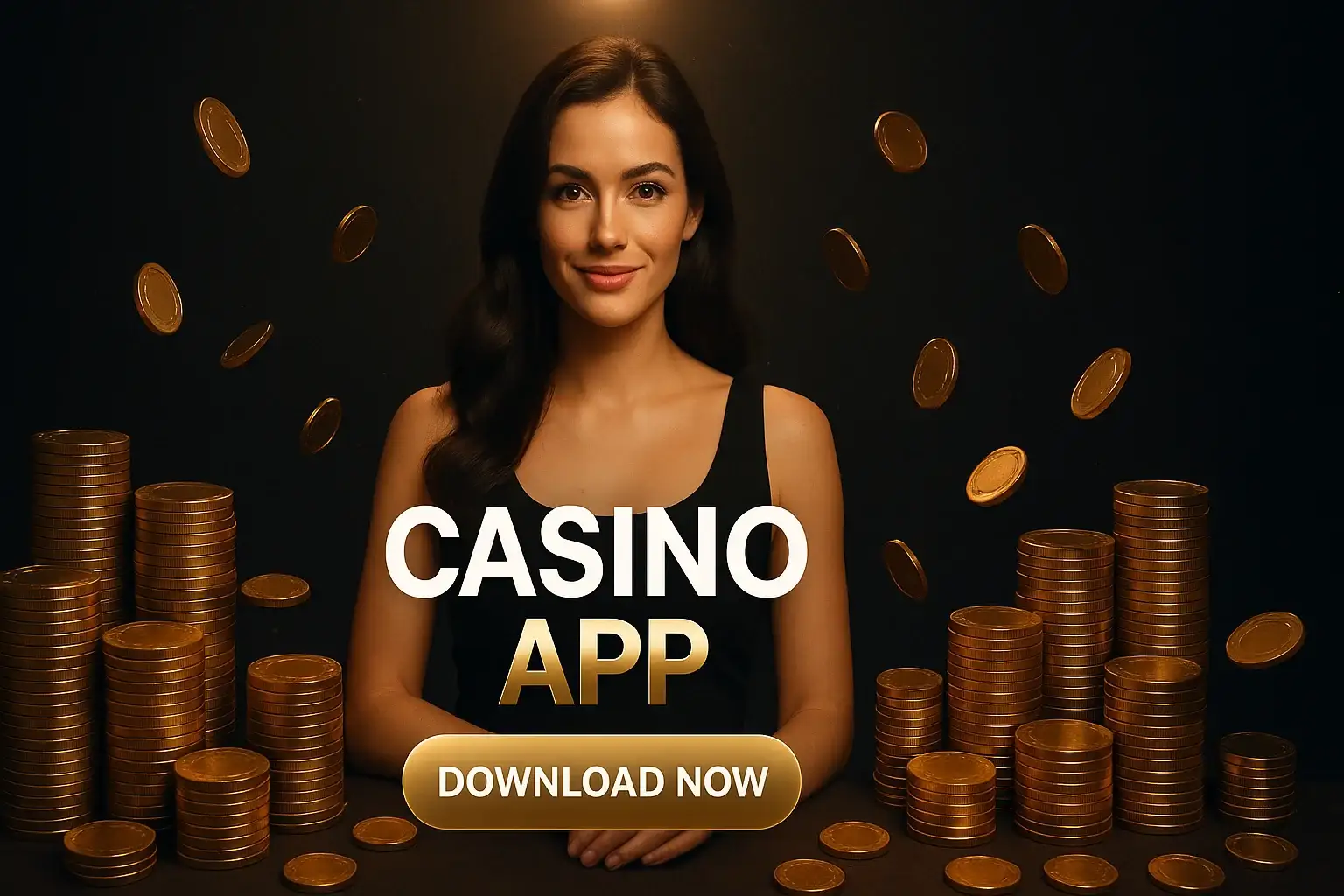 Photorealistic casino app banner with woman, gold chips, and download button