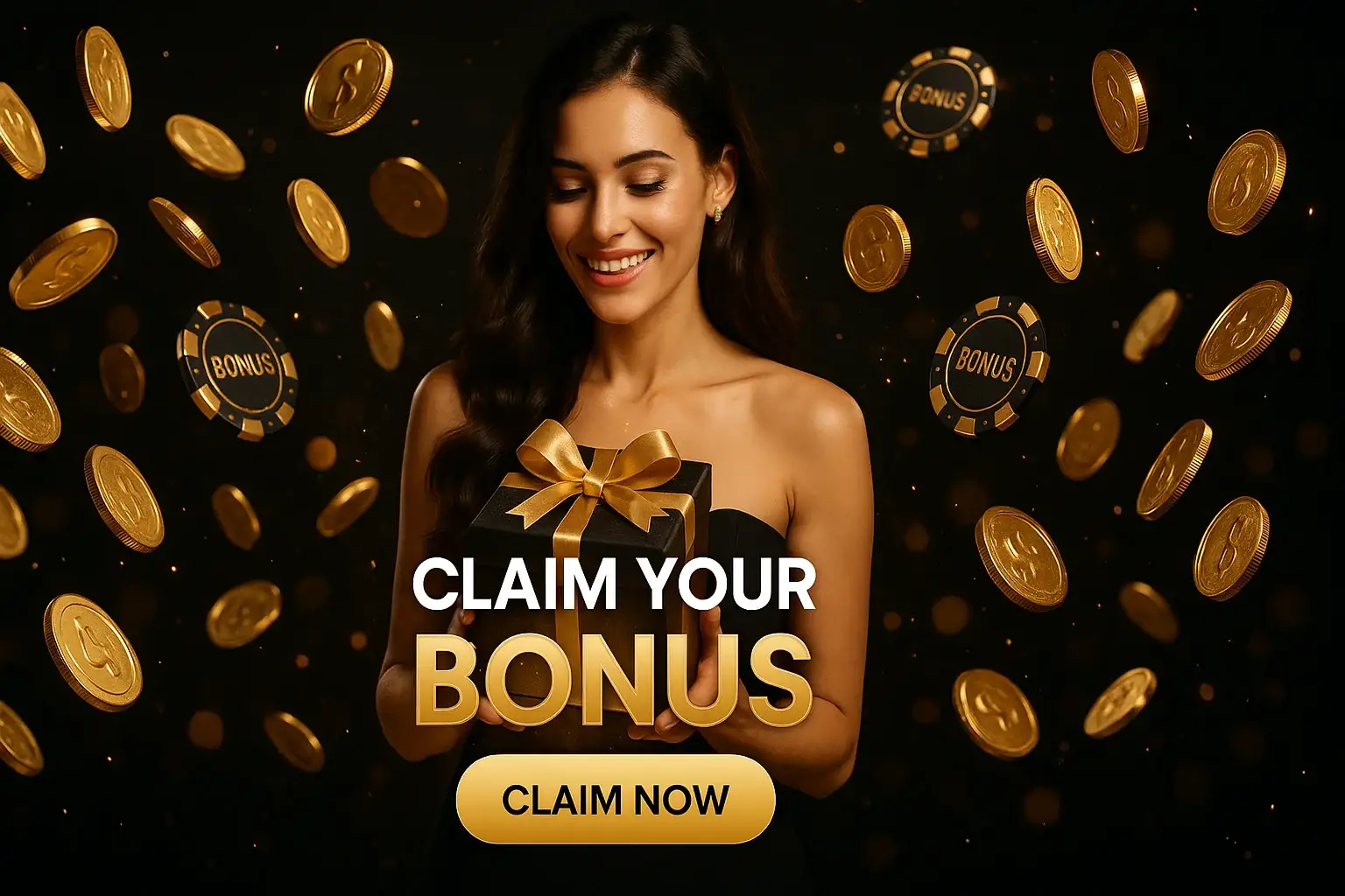 Wide casino bonus banner with woman holding gift box and gold coins