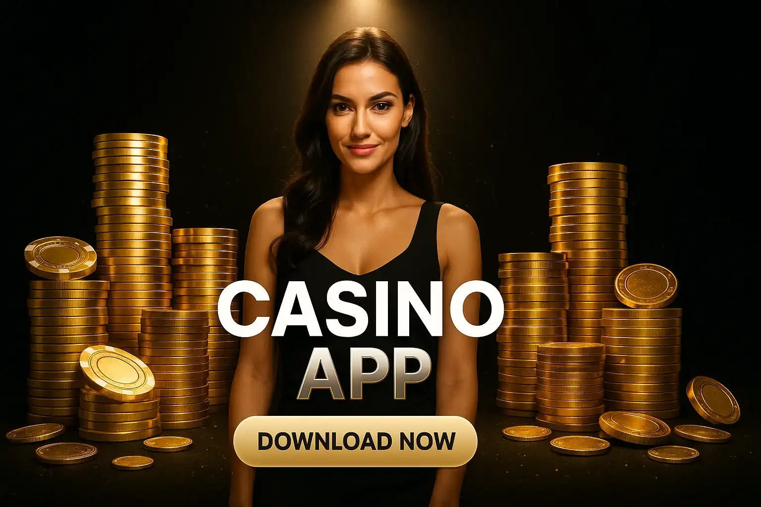 Wide casino app banner with woman, gold chips, black background