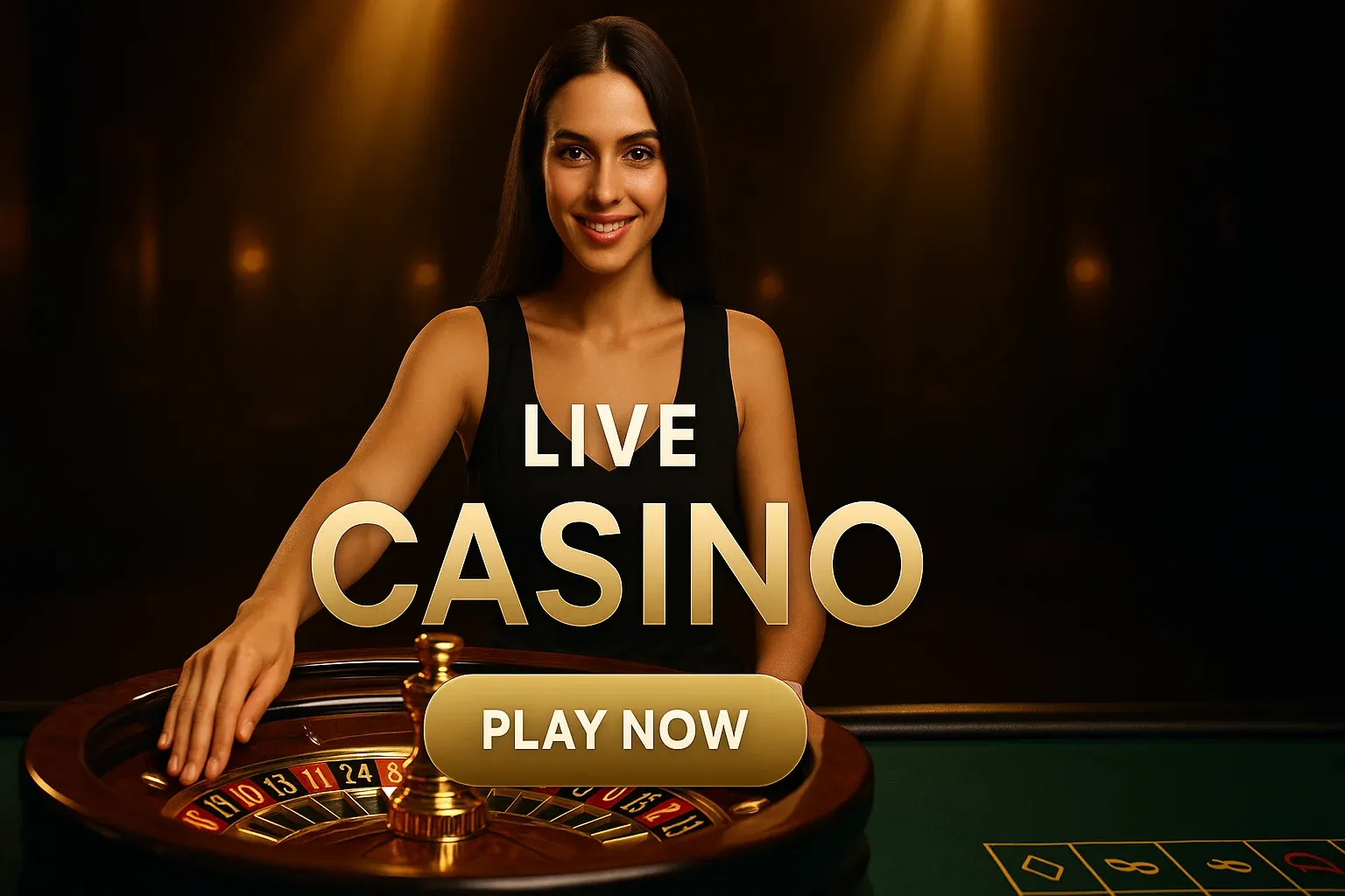 Photorealistic live casino banner with croupier, roulette wheel and play now button