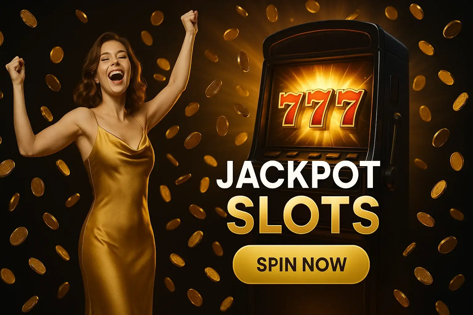 Glamorous British woman celebrating jackpot beside glowing 777 slot machine