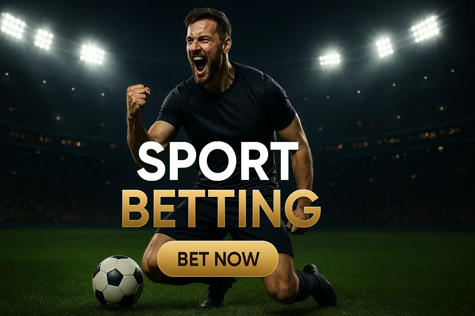 Photorealistic Premier League sports betting banner with footballer, stadium lights and CTA